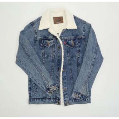 Jaket Jeans Bulu Sherpa / Jaket Denim Bulu Sherpa Pria Wanita Hitam L