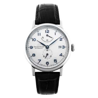 Jam Tangan Pria Orient Star Heritage RE-AW0004S Gothic Power Reserve Small Man Silver Dial Black Lea
