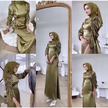 AURORA DRESS SATIN SERUT LUXURY BRIDESMAID GAMIS PESTA KONDANGAN | BELLE DRESS PREMIUM | Aurora Oliv