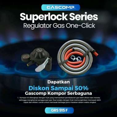 GASCOMP Superlock Selang + Regulator Gas Low Pressure dengan Selang Flexible Hitam 5 Lapisan Kuat da