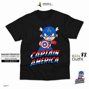 BAJU ANAK PEREMPUAN LAKI LAKI KAOS POLOS ANAK Combed 30s Sablon CAPTAIN AMERICA XL Hitam