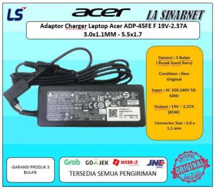 Adaptor Charger Laptop Acer ADP-45FE F 19V-2.37A 3.0x1.1MM - 5.5x1.7