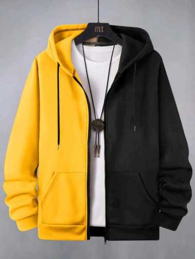 KIYOWO-Baju Fashion Atasan Pria Wanita Hoodie Polos Kombinasi Warna Lengan Panjang Kuning L-XL