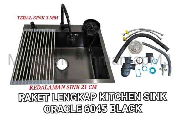 (REGULER) KITCHEN SINK STAINLESS STEEL ORACLE 6045 BLACK / BAK CUCI PIRING 1 LUBANG