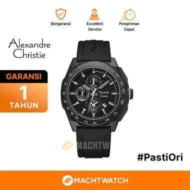Jam Tangan Pria Alexandre Christie Chronograph AC 6688 MC RIPBA Men Black Dial Black Rubber Strap