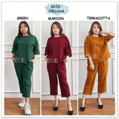 AB51316 SET Setelan Baju Blouse Celana Panjang Kulot Crop Linen Wanita Korea Import Green Red Maroon