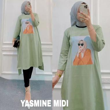 JESLA FASHION YASMINE MIDI DRESS BAHAN KAOS KATUN COMBED 24s APLIKASI SABLON MIDI DRESS MUSLIM MIDI 