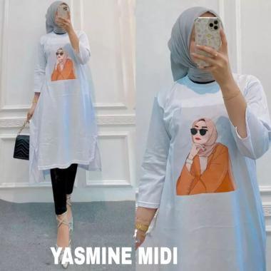 JESLA FASHION YASMINE MIDI DRESS BAHAN KAOS KATUN COMBED 24s APLIKASI SABLON MIDI DRESS MUSLIM MIDI 