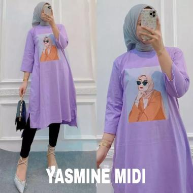 JESLA FASHION YASMINE MIDI DRESS BAHAN KAOS KATUN COMBED 24s APLIKASI SABLON MIDI DRESS MUSLIM MIDI 