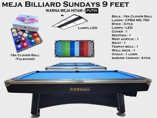 Meja Billiard 9 Feet Import Sundays - meja bilyar billiard pool table Putih - Yalekang + Led