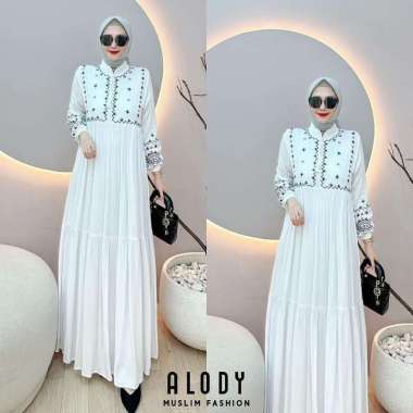 Gamis Bordir Alody Dress Bahan Katun Twill Premium - Gamis Muslim Wanita Dewasa - Remaja PUTIH
