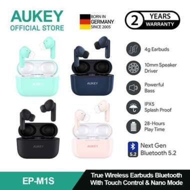 AUKEY TWS Bluetooth True Wireless Earphone IPX5 4G Earbuds EP-M1S Blue
