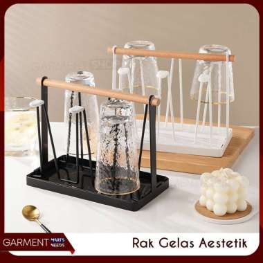 Rak Gelas Organizer Besi Cup Holder 6 Slot Tempat Cangkir Gelas Minimalis Pegangan Kayu Cup Holder P
