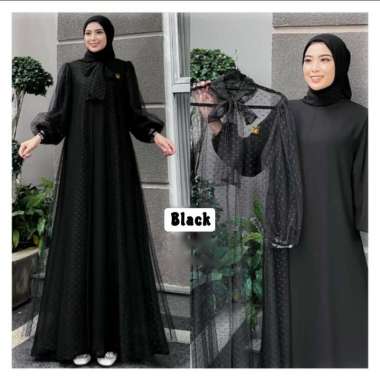 Kiukiu - Serena Set - Gamis Outer two in one tile dots - Gamis Outer tile dots BLACK
