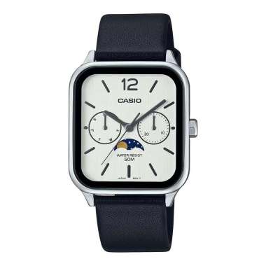 Jam Tangan Pria Casio General MTP-M305L-7AVDF Men Moon Phase Silver Dial Black Leather Band
