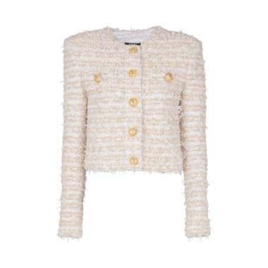 Balmain Sparkly Tweed Cropped Jacket with Button Gold 36 Nude