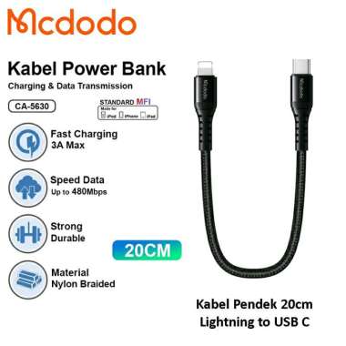 MCDODO Kabel Pendek USB Type C to iPhone Lightning PD Cable 20cm Fast Charging 5630 Hitam