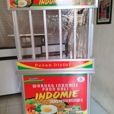 Booth Portable Meja Lipat Rombong Warmindo bahan aluminium ukuran 100x60 dengan display Indomie