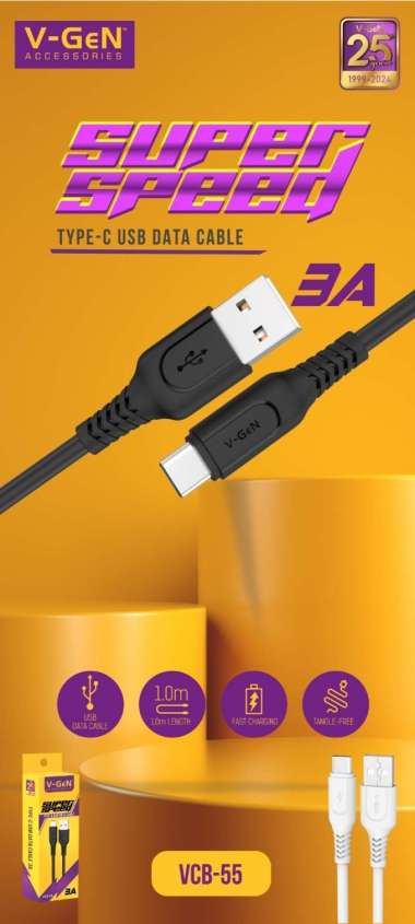 Kabel Data USB Type C V-GeN VCB-55 Fast Charging 3A Kabel Bulat 1 Meter Vgen Putih