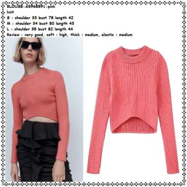 AB968591 Baju Atasan Crop Sweater Blouse Rajut Lengan Panjang Wanita Korea Import Coral Pink