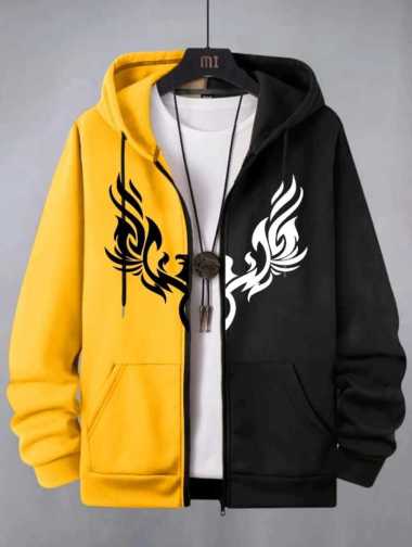 KIYOWO-Fashion Atasan Pria Wanita Hoodie Birds Kombinasi Warna Lengan Panjang Casual Kuning M-L