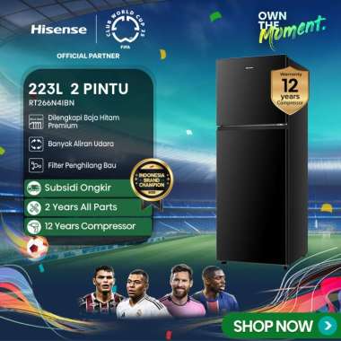 Hisense Kulkas RT266N4IBN Refrigerator 2 Pintu Kapasitas 223L Warna Hitam Tanpa Bunga Es Dilengkapi 