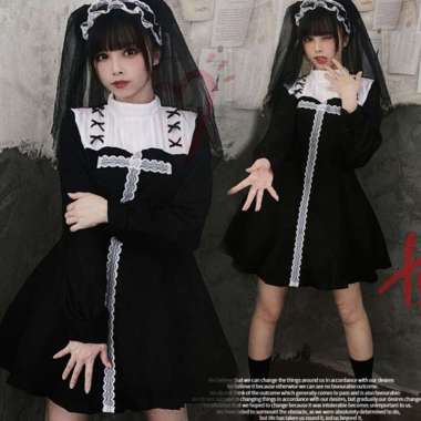 Verish CC-184 kostum black lolita punk gothic dress terusan cosplay wanita harajuku