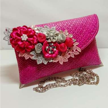 PSH Tas Pesta Clutch Wanita Kondangan Anyaman Wanita Premium M Pink Fanta