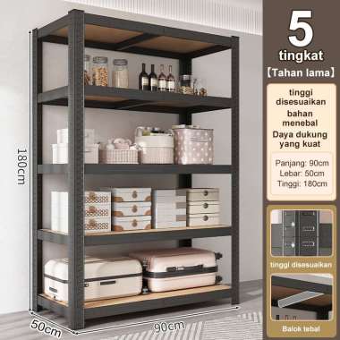 RM Rak besi siku lubang Rak Besi Susun HitamRa 5Tingkat⬛90*50*180cm