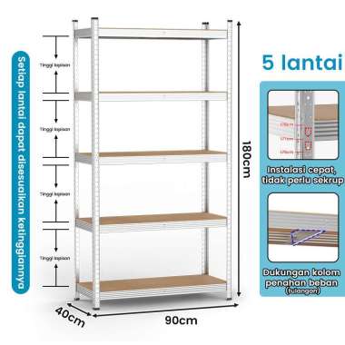 RM Rak Besi Susun Rak Gudang Rak Susun Rak sus 5L-Perak-90X40X180