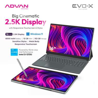 ADVAN Laptop 2 in 1 EVO-X 16” / 13" Touch Screen Detachable 2.5K Display Intel i3-1215U / Intel N100