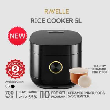 Ravelle Digital Low Carbo Rice Cooker 5L 5 L 5 LITER Onyx Black / Pearl White hitam / putih - GARANS