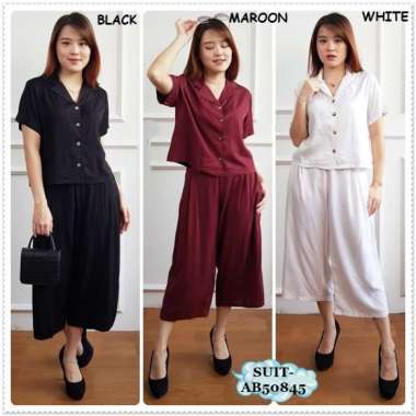 AB50845 SET Setelan Baju Rayon Kemeja Celana Kulot Midi Crop Karet Wanita Korea Import Merah Maroon 
