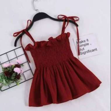 baju atasan wanita tali singlet smock kerut polos katun besar merah bata