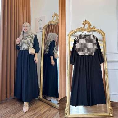Clara Dress - Gamis mix Rompi Knit - Dress casual wanita - Gamis muslim kekinian HITAM