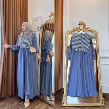 Clara Dress - Gamis mix Rompi Knit - Dress casual wanita - Gamis muslim kekinian DENIM