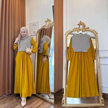 Clara Dress - Gamis mix Rompi Knit - Dress casual wanita - Gamis muslim kekinian MUSTARD