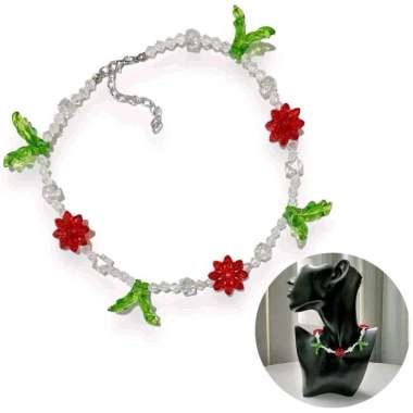 Carlina Flower Leaf Crystal Acrylic Necklace Kalung Kristal Bunga Daun Floral Manik Mote Beads Beade