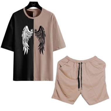 ALEXA- Setelan Pria Satu Set Atasan Kaos Angel Wings Kombinasi Lengan Pendek Dan Celana Pendek Polos
