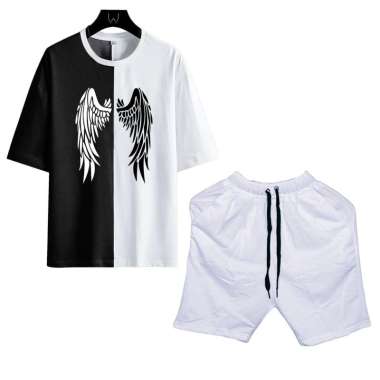 ALEXA- Setelan Pria Satu Set Atasan Kaos Angel Wings Kombinasi Lengan Pendek Dan Celana Pendek Polos