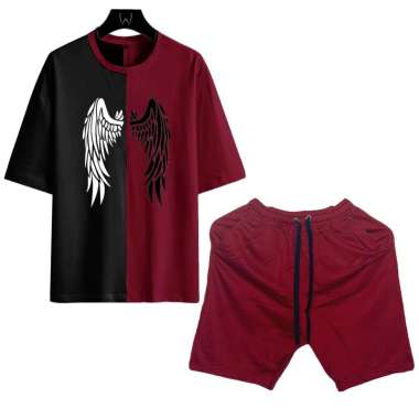 ALEXA- Setelan Pria Satu Set Atasan Kaos Angel Wings Kombinasi Lengan Pendek Dan Celana Pendek Polos
