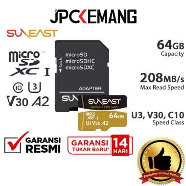 JPC KEMANG Suneast MicroSD 64GB 208MB/s UHS-I V30 Ultimate Pro S225 Gold Series Memory Card Micro SD