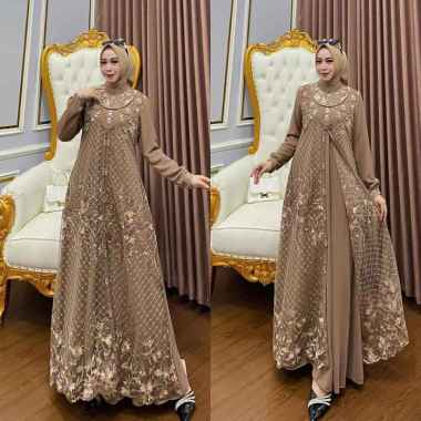 Kiukiu Rihanna Dress Brukat Outer Mewah Gamis Tile Brukat Mutiara - Gamis Mewah Brukat MOCCA