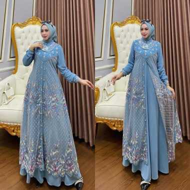 Kiukiu Rihanna Dress Brukat Outer Mewah Gamis Tile Brukat Mutiara - Gamis Mewah Brukat BIRU