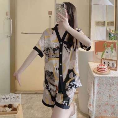 Baju Tidur Piyama Wanita Set Kemeja Celana Lengan Pendek Pakaian Fashion Sapi Leopard Macan Tutul Ma