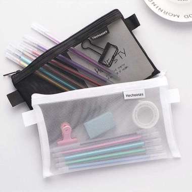 BLI AM Kotak Pensil Jaring Transparan/Pouch Tempat Pensil Sekolah Anak/Kotak Pensil Jaring Putih