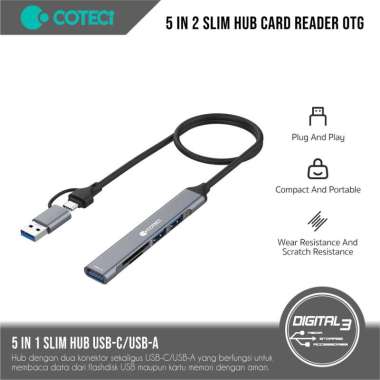 COTECI 5 in 2 Slim Hub Card Reader Docking Station OTG USB-A/C to USB-A 3.0 Flashdisk SD/TF Pembaca 