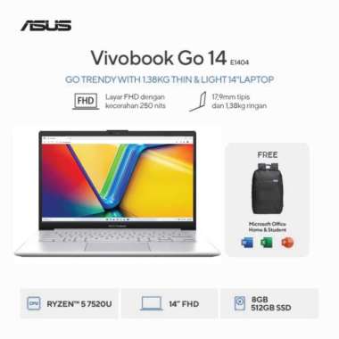 ASUS Vivobook Go 14 E1404FA-VIPS5853M - Cool Silver [AMD Ryzen 5 7520U / AMD Radeon Graphics / 8GB /