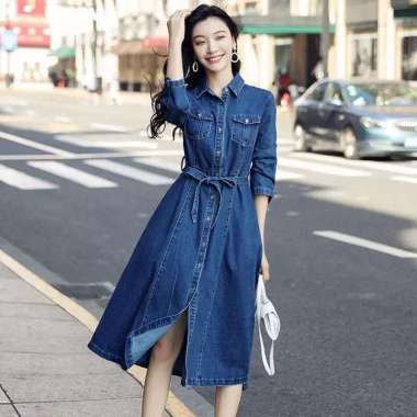 TUNIK PITA MUSLIMAH KOREA DENIM LEVIS KEKINIAN MODEL TERBARU LENGAN PANJANG BAHAN DENIM TIDAK KAKU T