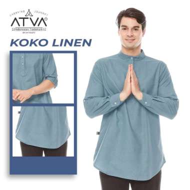 Baju koko kurta Pria bahan linen tangan panjang warna turkis atau biru warda kemko cowok tosca Atva 